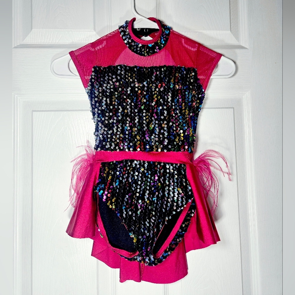 Weissman Pink Sequin Dance Costume with Feather Side Accents